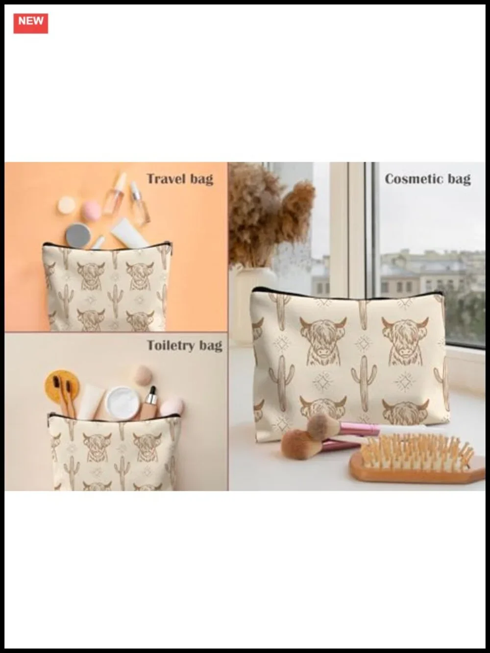 Western Leather Makeup Bag Cow Cowgirl Travel Cosmetic Organizer